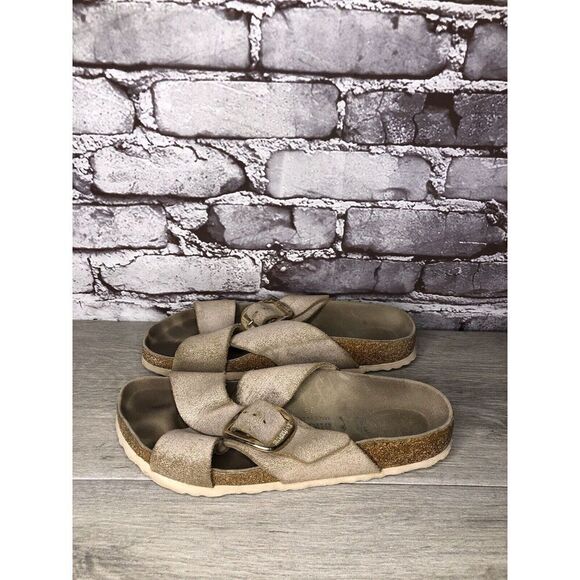 Birkenstock ARIZONA Beige Metallic Leather Strap Slides Sandals Women Sz 38EU/7M - Picture 14 of 16